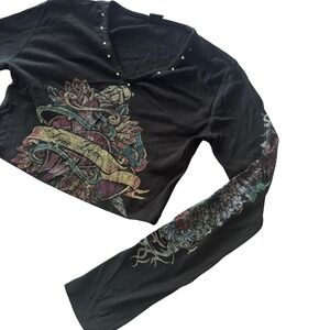Urban Outfitters Tattoo Graphic Crop Top Size S Black V-Neck Y2K Rhinestone Goth
